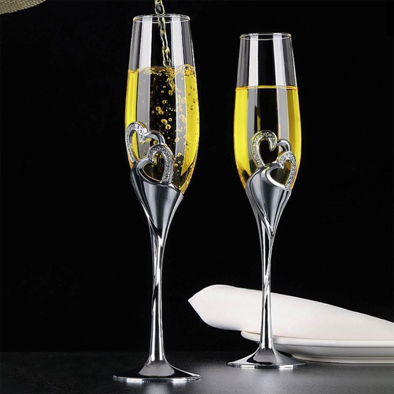 2Pcs Wedding Champagne Glass Set Toasting Flute Cup with Rhinestone Heart Decor