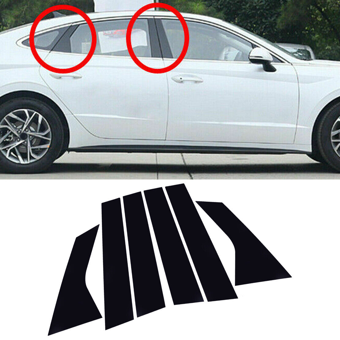 6pc Glossy Black Door Window Pillar Post Cover Trim Decor Fit for Hyundai Sonata