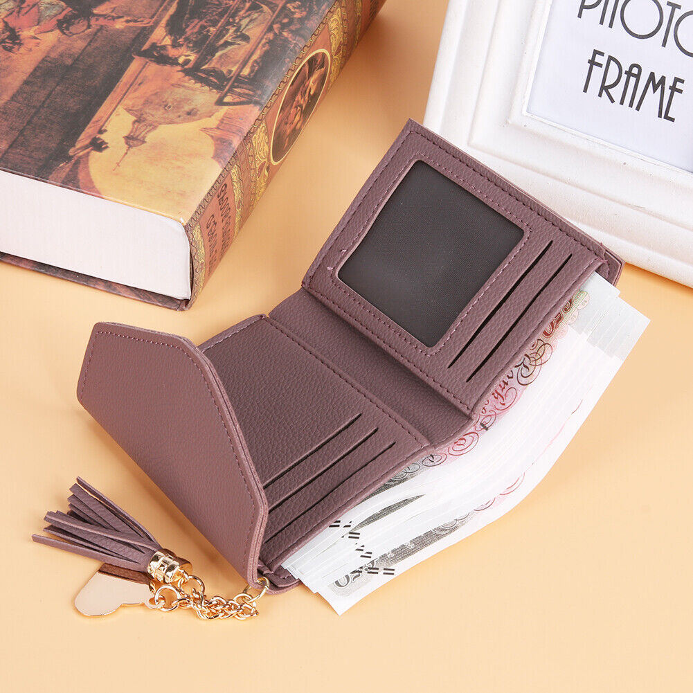 Women PU Leather Short Folding Wallet Tassel Card Coin Purse(Bean Red)