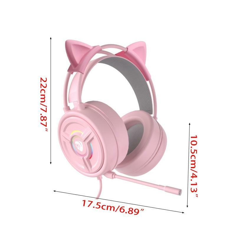 Pink Cat Ears Crystal Headset Wired Stereo Headphones Desktop 4D Audio 7.1 Sound