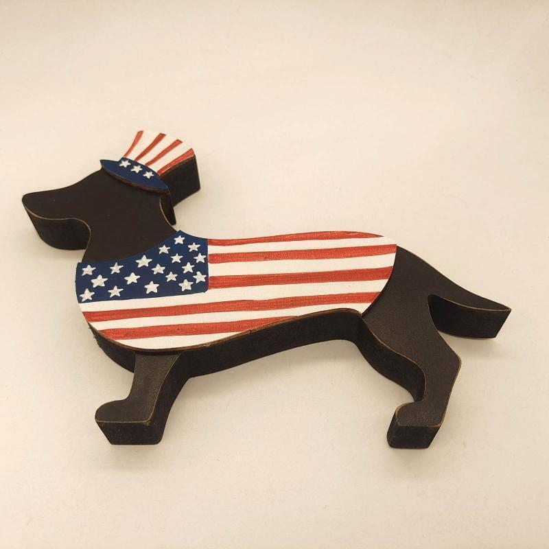 Independence Day Wooden Carved Dog Ornament 4th of July Wood Crafts