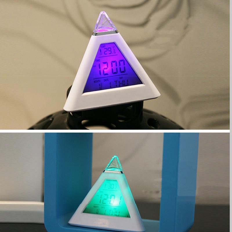 7 LED Colors Changing Pyramid Shaped Digital Alarm Clock Calendar Thermometer