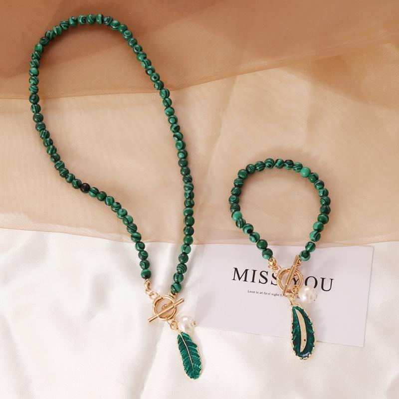 2 Pieces Malachite Drop Oil Necklace Leaves Bracelet Jewelry Decoration Pendant