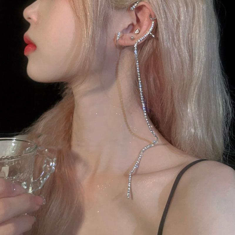 Chic Rhinestone Long Tassel Ear Cuffs for Women Creative Cos Fairy Earrings
