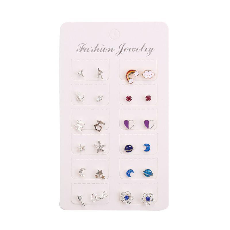12 Pairs Mixed Women Star Heart Moon Crystal Rainbow Stud Earrings Kit Jewelry