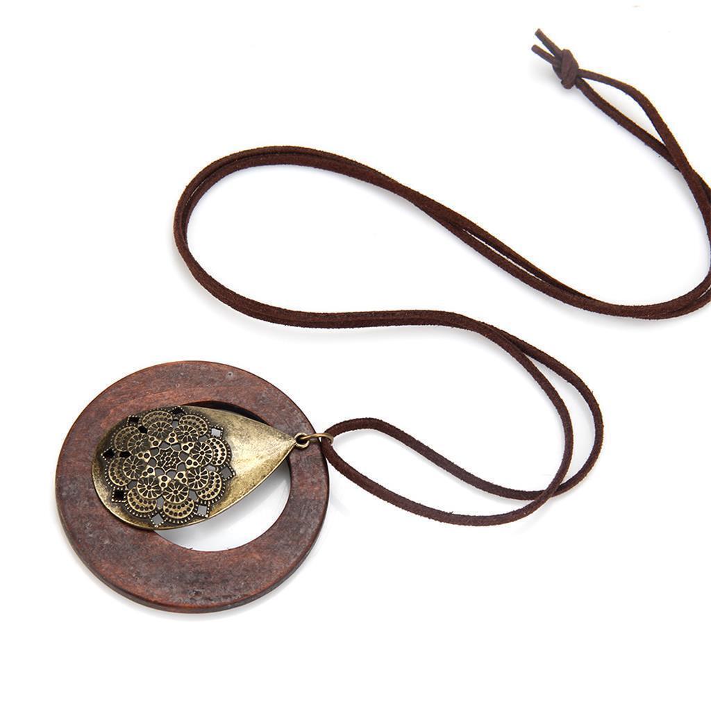 Round Wooden Pendant Long Sweater Chain Necklace Jewelry Gifts