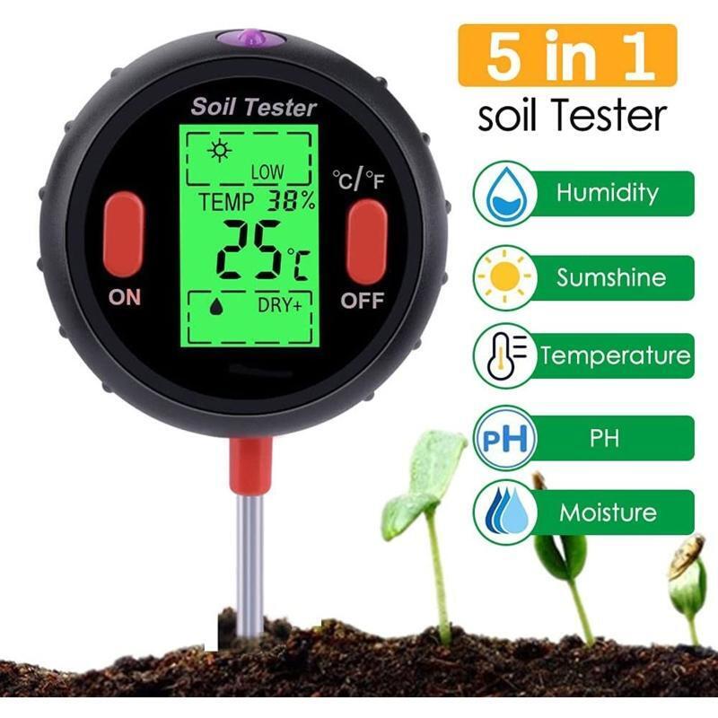 5 in 1 Soil Tester Plant Moisture Meter Humidity/Sunshine/Temperature/PH Meter