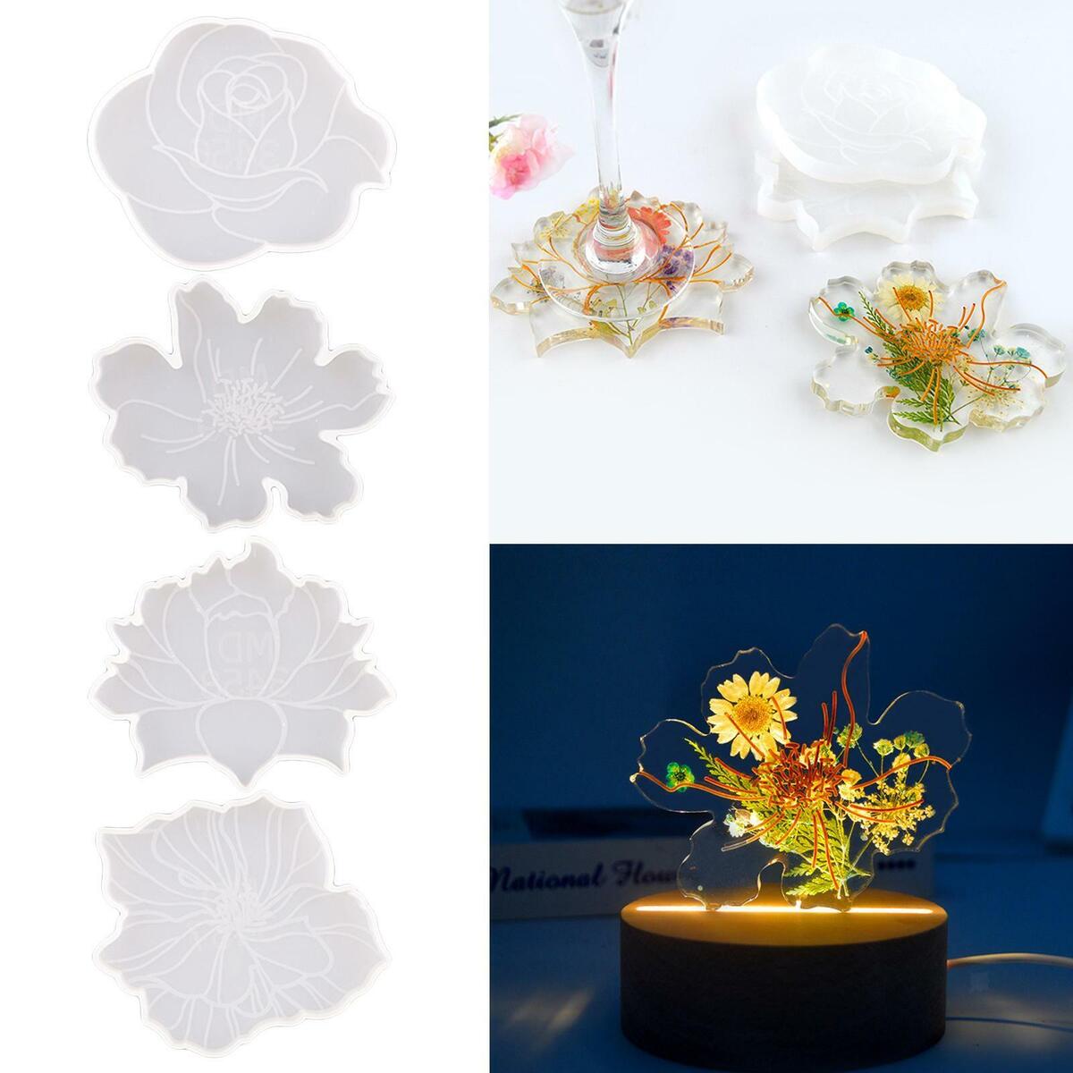 4x Flower Coaster   Epoxy Faux Agate Cup Mat Coasters Molds For Clay Tool
