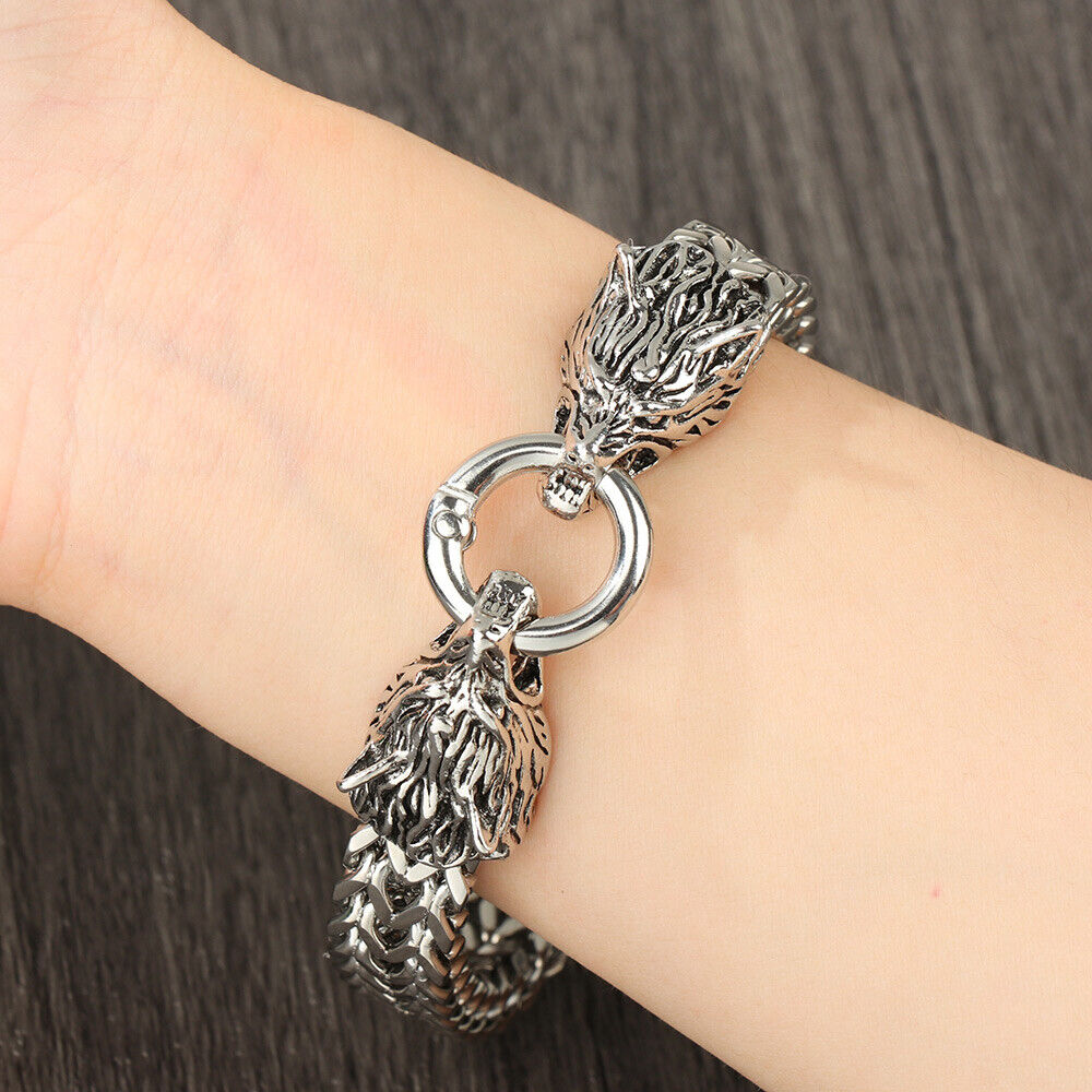 Clasp Fenrir Head Bracelet Viking Stainless Steel Bracelet Wolves Head Bangle