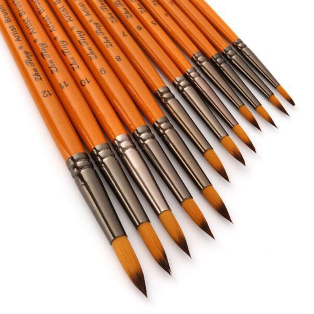 12Pcs Painting Brushes Set  Watercolour Oil Paint Round Pointed Tip