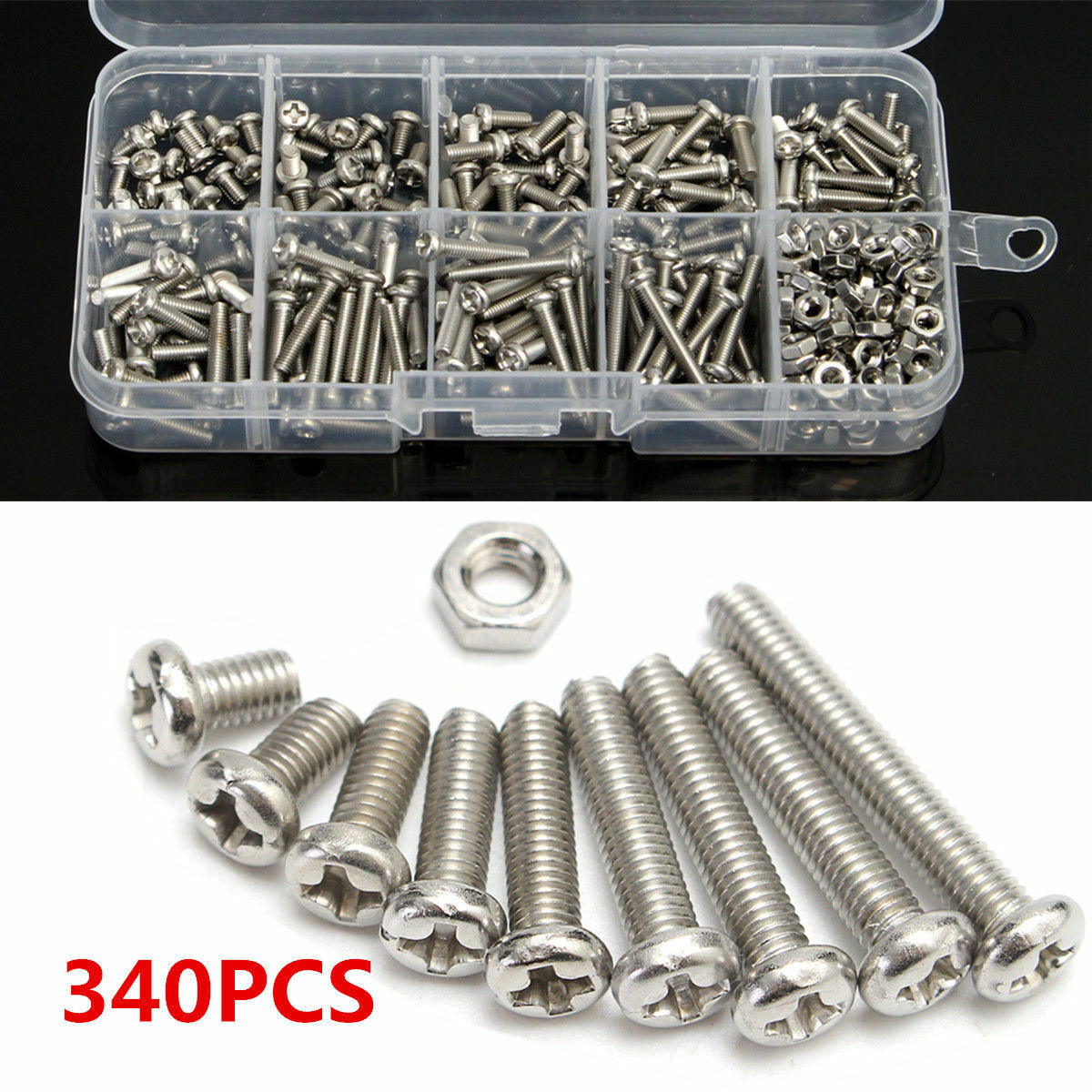 340pcs M3 DIN7985 Stainles Steel Hex Screw Nuts Bolt Cap Socket Assortment Set