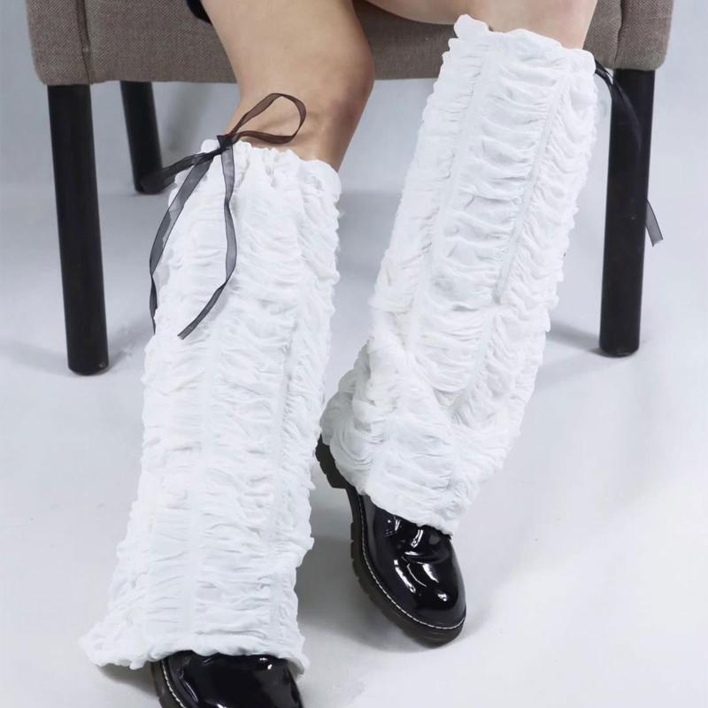 Sweet Lolita Bowknot Knee High Leg Warmers Women Wave Ruched Foot Cover Socks