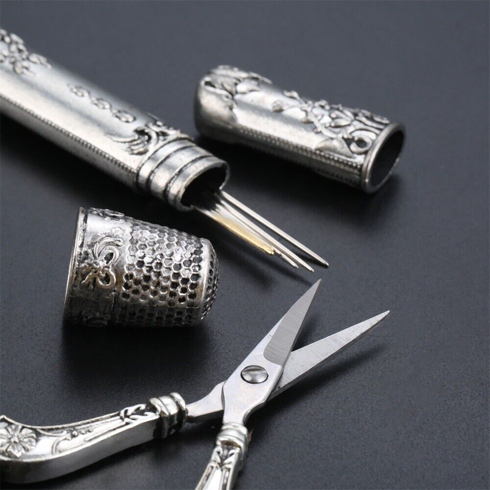 Exquisitely Carved Scissors Thimble Needle Case Embroidery Sewing Tool 3Pc/Set