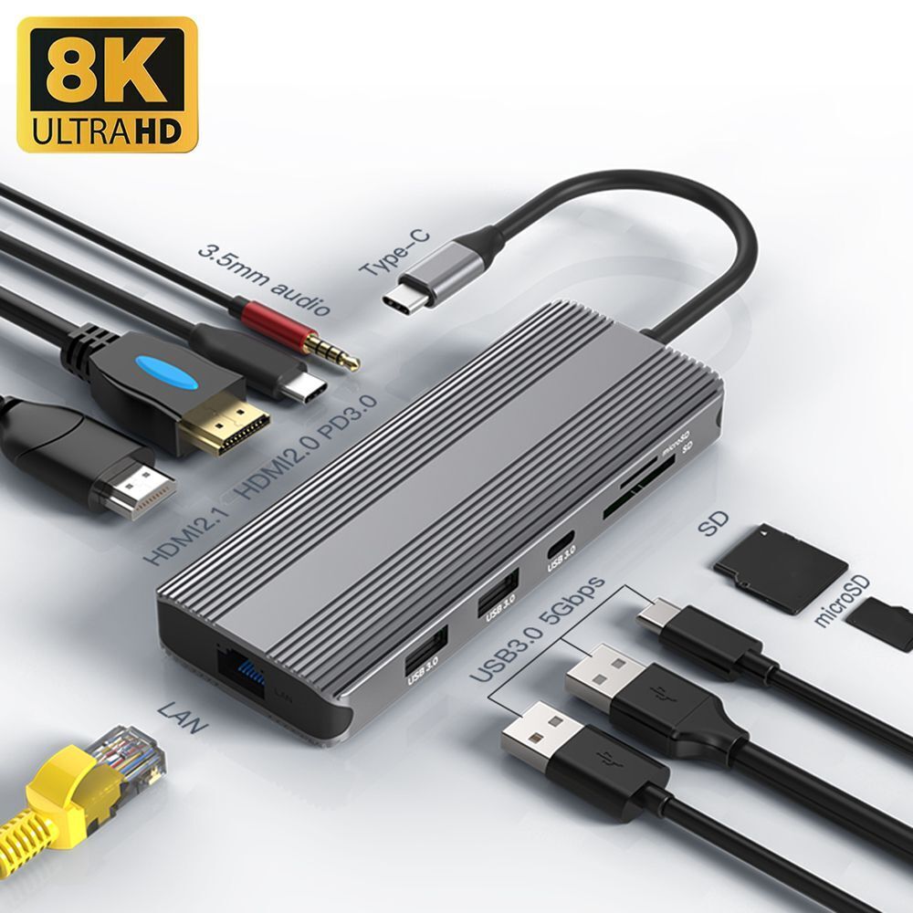 Jack Gigabit Ethernet USB Type-C Hub Docking Station 8K Dual HDMI For Laptop PC