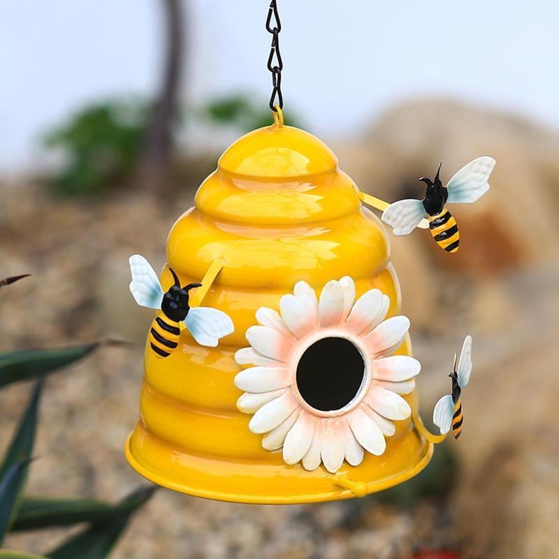 Metal Bird House Durable Garden Decoration Bee and Flowers Decorative Birdhouse