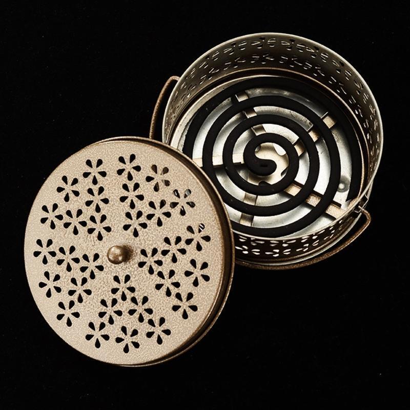 Round Iron Mosquito Incense Burner with Handle for Home (Yellow Bronze)