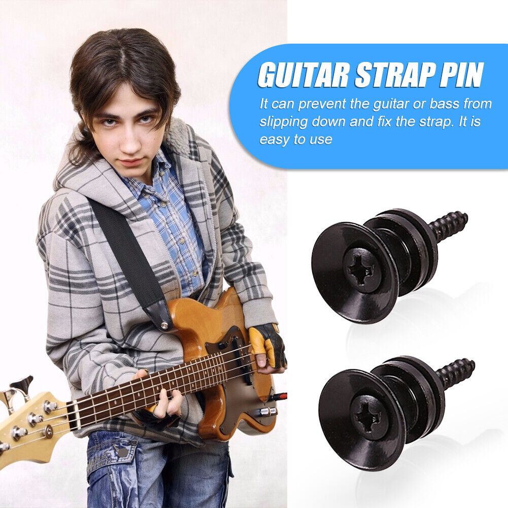 2x Guitar Pegs Anti-slip Strap Buckle Locking Pin for Bass Ukulele (Black)