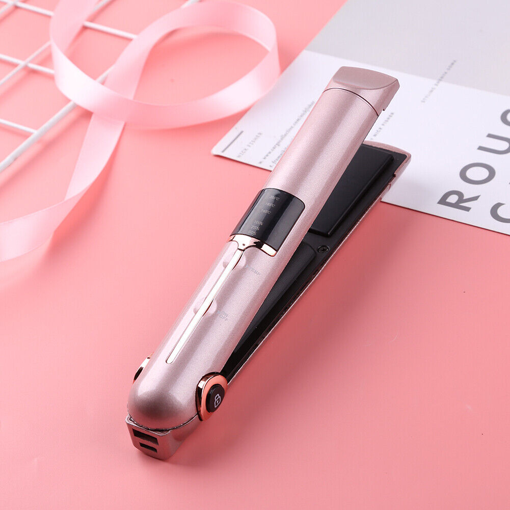Cordless Hair Straightener Curler Fast Heating Thermal Flat Iron (Pink)