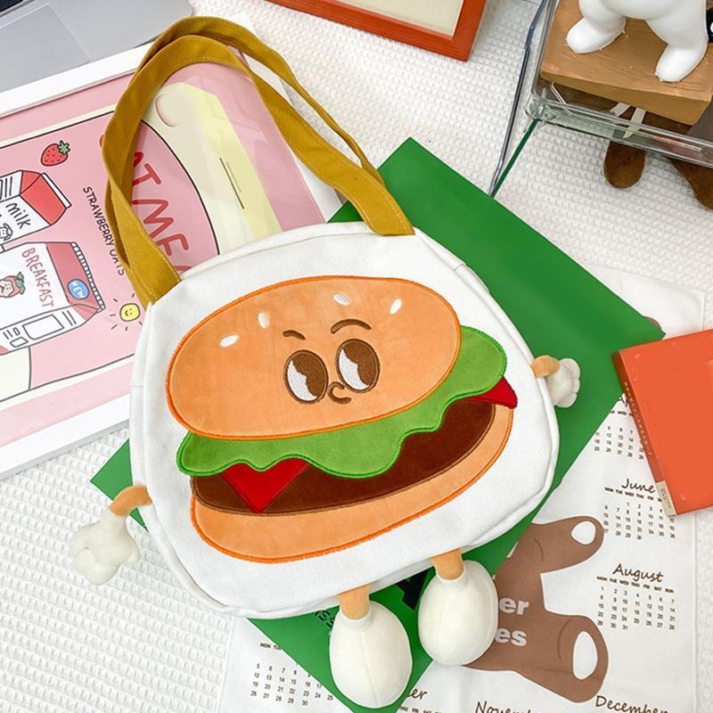 Canvas Shoulder Bag with Zipper Wear-Resistant Cute Cartoon Burger Design Bags