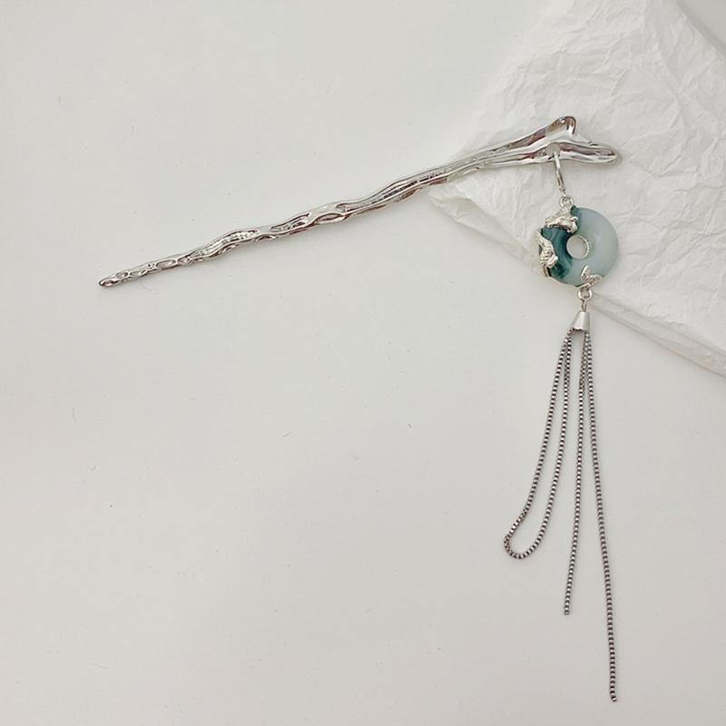 Tassel Hairpins For Updos Chinese Hair Sticks With Chain Jade ring Headwear