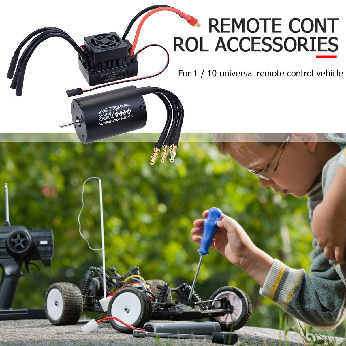 Waterproof 3650 3900KV Brushless Motor 60A ESC Combo for 1/10 RC Cars Black