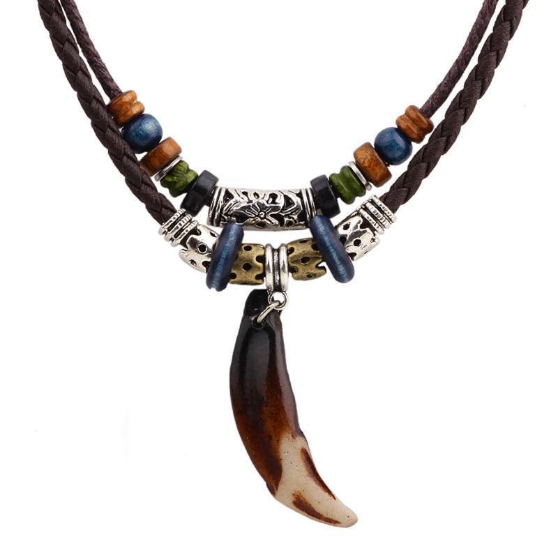Ethnic Jewelry Leather Tribal Necklace with Dog Tooth Pendant for Women Men Gift