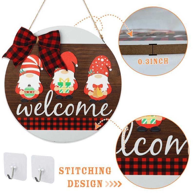 Wood Christmas Sign Front Door Decoration Double Side Holiday Gnome Hanging Sign