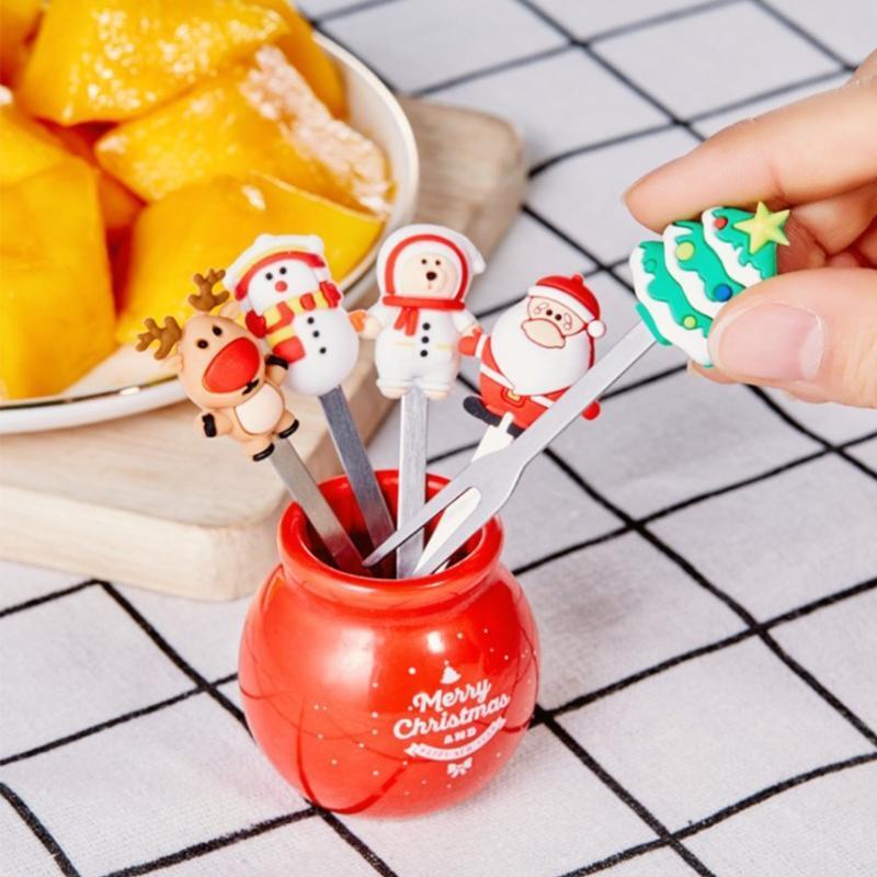 Christmas Ornaments Fruit Forks Stainless Steel and Silicone Material Fruit Fork