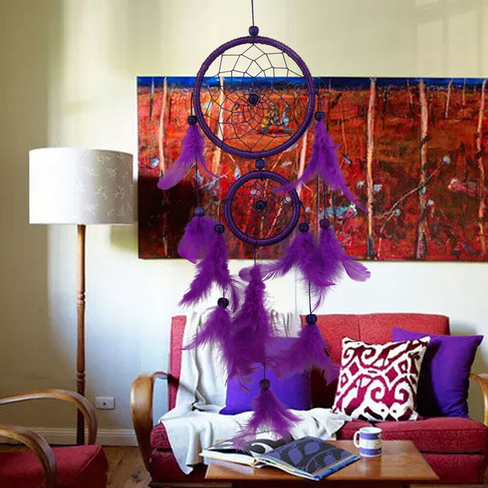 Double Ring Purple Feather Dream Catcher Wall Hanging Home Car Decor Craft