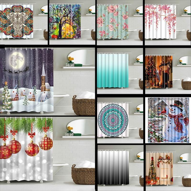 Christmas Snowman Fabric Waterproof Bathroom Shower Curtain Set 71"x71" 12 Hooks