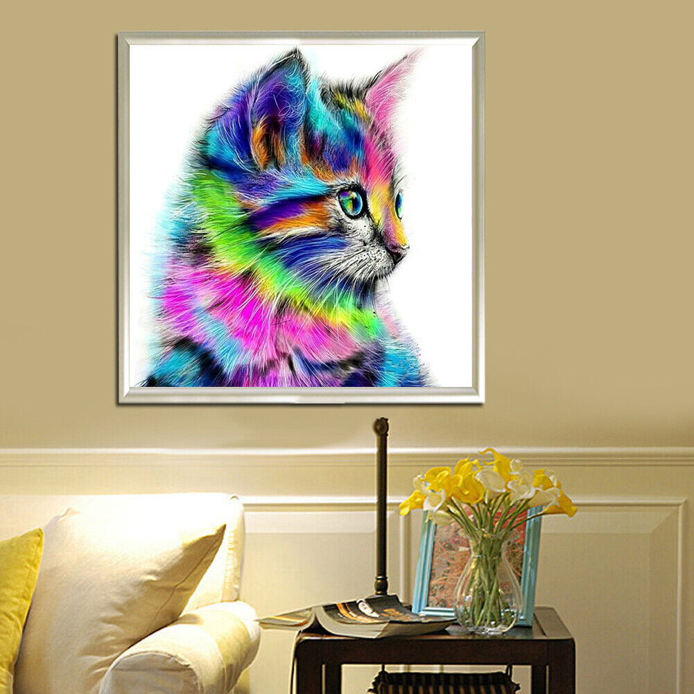 5D DIY Round Drill Diamond Painting Colorful Cat Cross Stitch Embroidery
