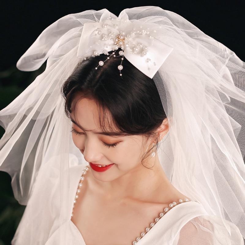 Wedding Bridal Veil Multi Layers Short Length Sheer Veils Beads Ribbon Bow Decor