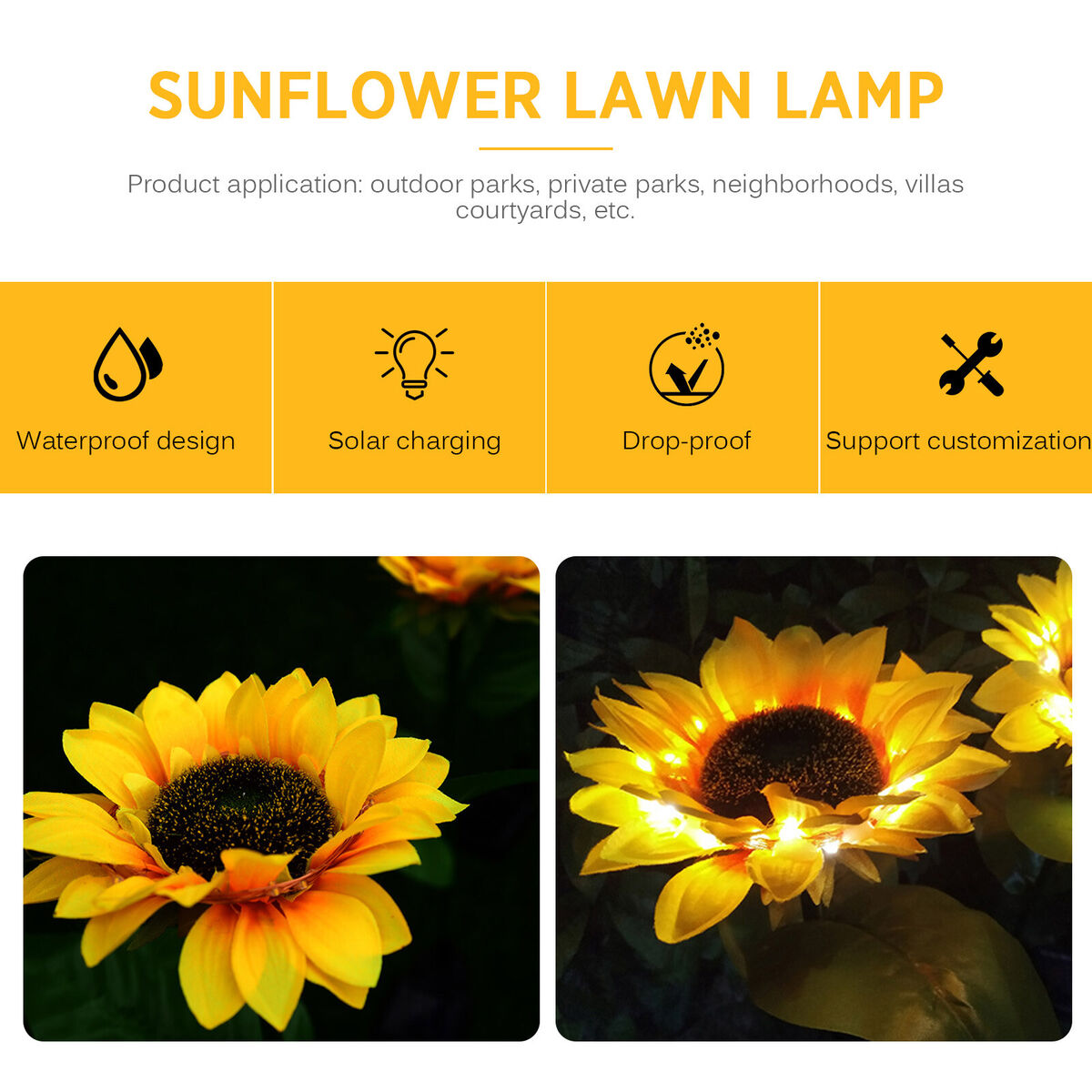 2 Packs Solar Sunflower Lights, Waterproof LED Garden Lamp, for Lawn, Yard
