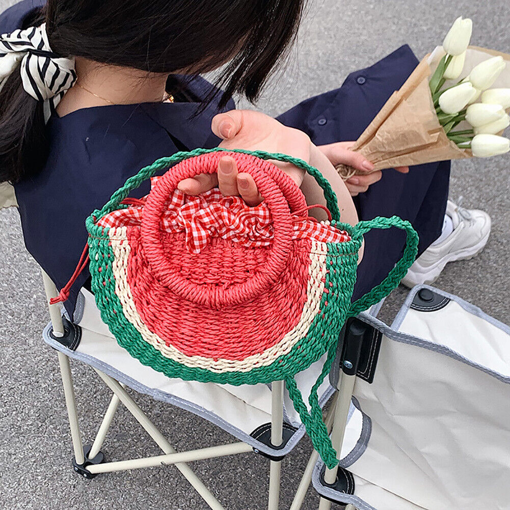 Beach Straw Crossbody Bag Watermelon Handwoven Half Round Holiday Handbag