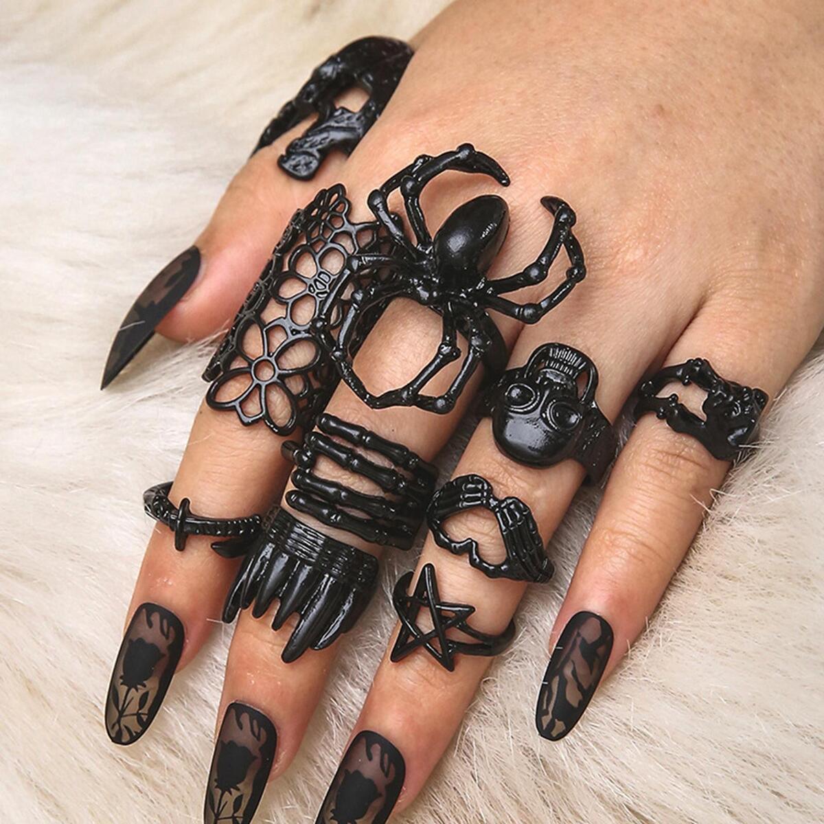 10 Pieces Stylish Punk Alloy Ring Set Decoration Statement Ring Temperament