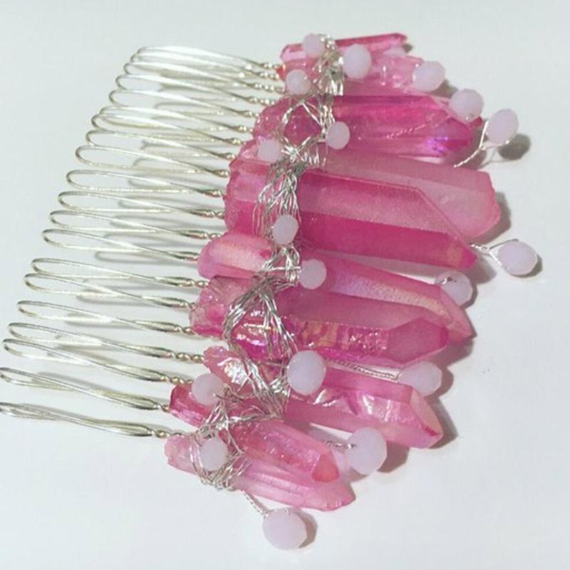 Handmade Natural Stone Bridal Hair Comb Pink AB Quartz Crystal Tiara Headpiece