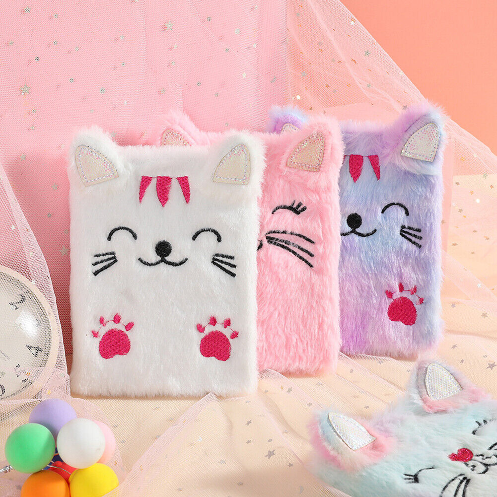 Cartoon Cat Plush Notebook Fluffy Daily Planner Journal Book (White)