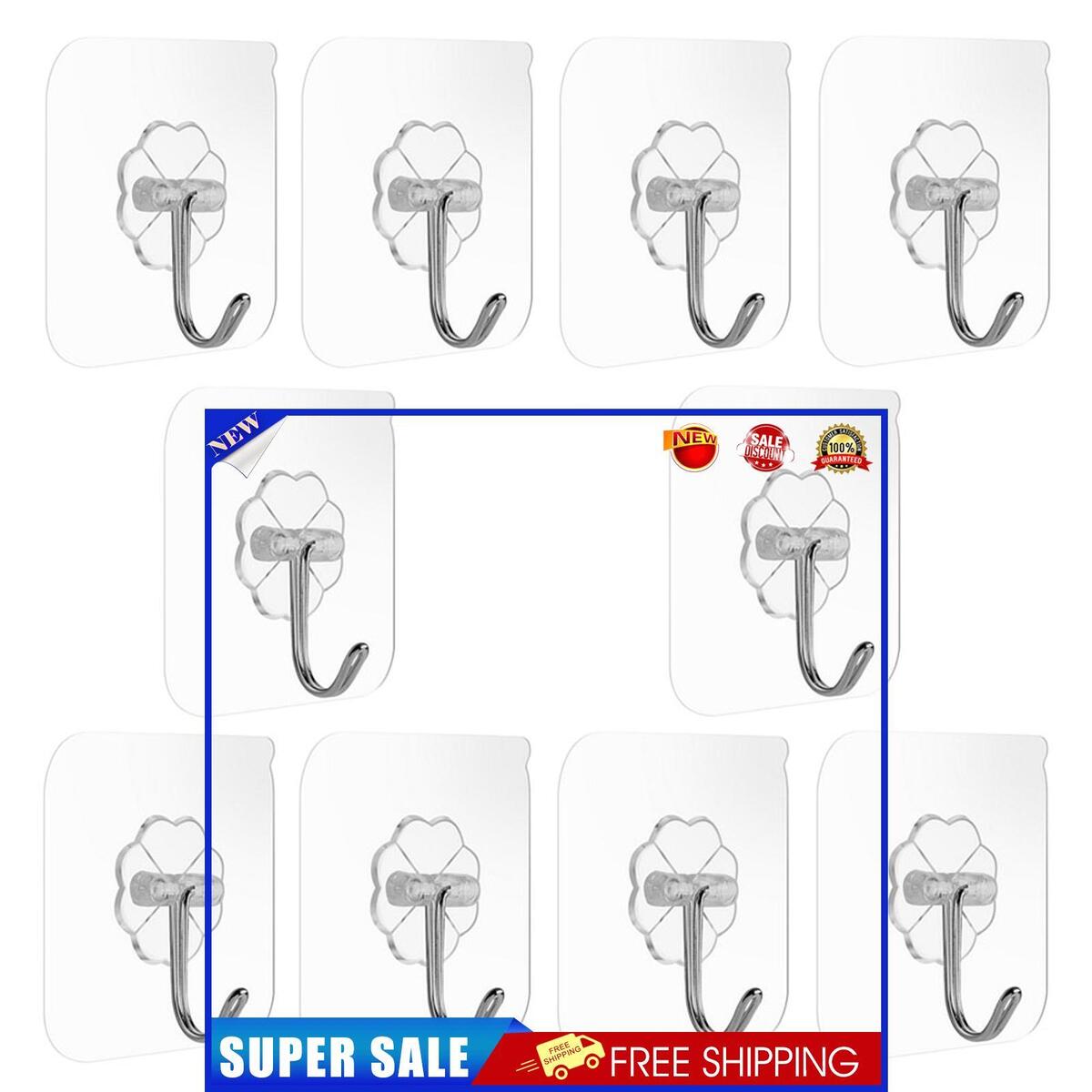Wall Hooks - Pack of 10 Reusable Seamless Self Adhesive Utility Hooks