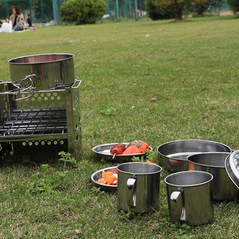 8 Pcs Stainless Steel Cookware Mess Kit Portable Compact Camping Pot Pans Cups