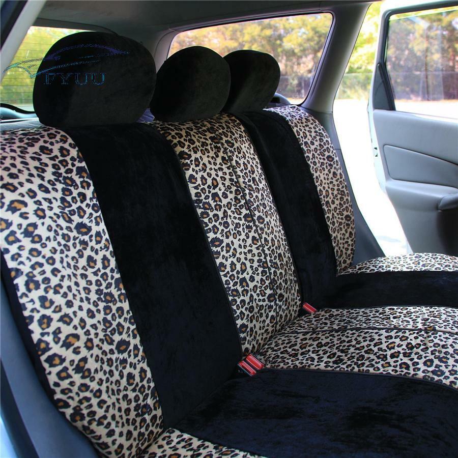 5 Seat Lush Velour Seat Cover Split Bench Leopard Full Set For Car SUV Truck