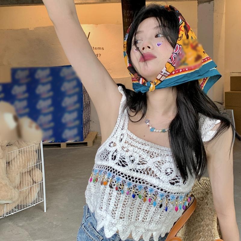 Women Hollow Crochet Sleeveless Crop Top Beach Knit Beaded Tassel Cover Up Vest