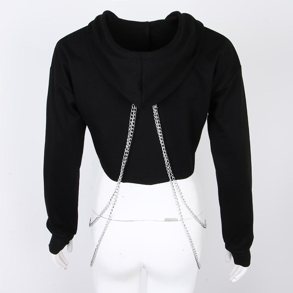 2x Women Fashion Long Sleeve Pullover Hoodie Crop Top Metal Chain Sweatshirt