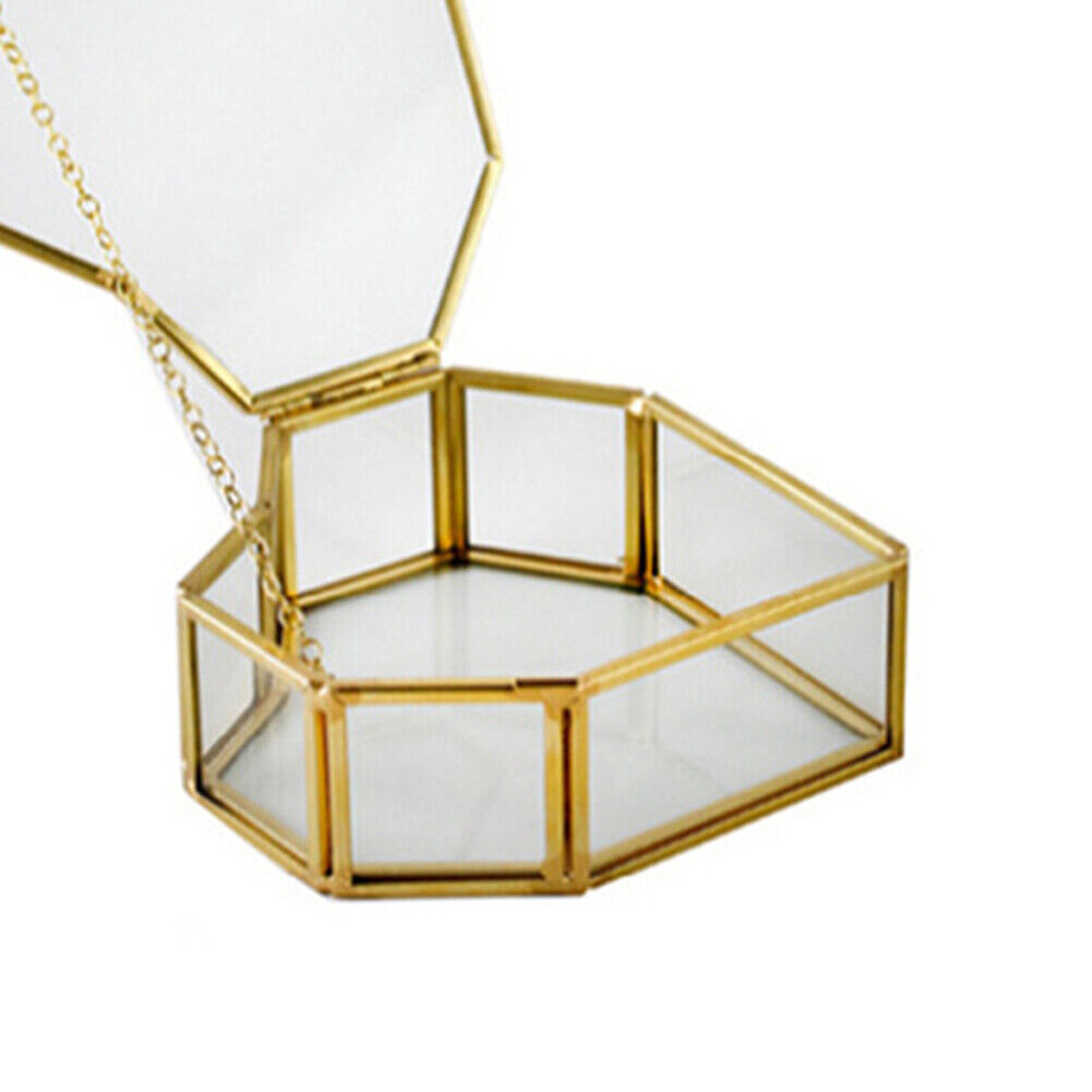 Hexagon Transparent Glass Jewelry Box Wedding Ring Earrings Holder (Heart)