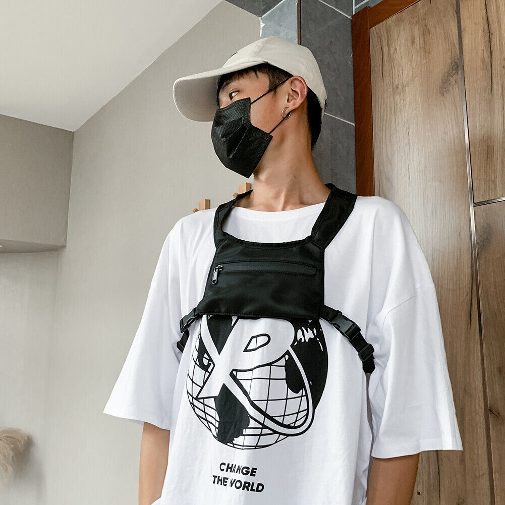 Street Shoulder Bags Women Men Nylon Hip Hop Vest Chest Pouch (1 Black)
