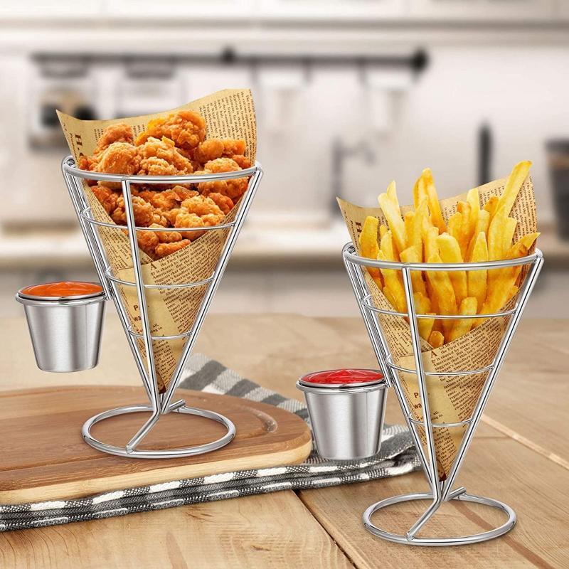 Stainless Steel Fry Holder With Sauce Dippers Metal Fried Chicken Display Rack