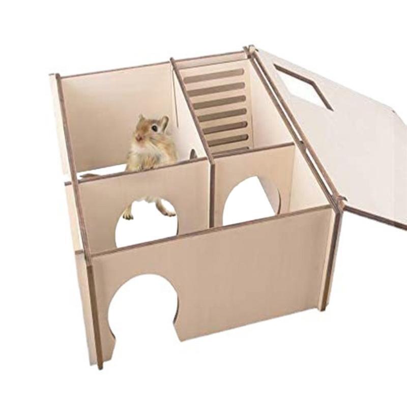 Syrian Hamsters Maze Wood Hut Detachable Roof 3 Chambers House for Small Pets