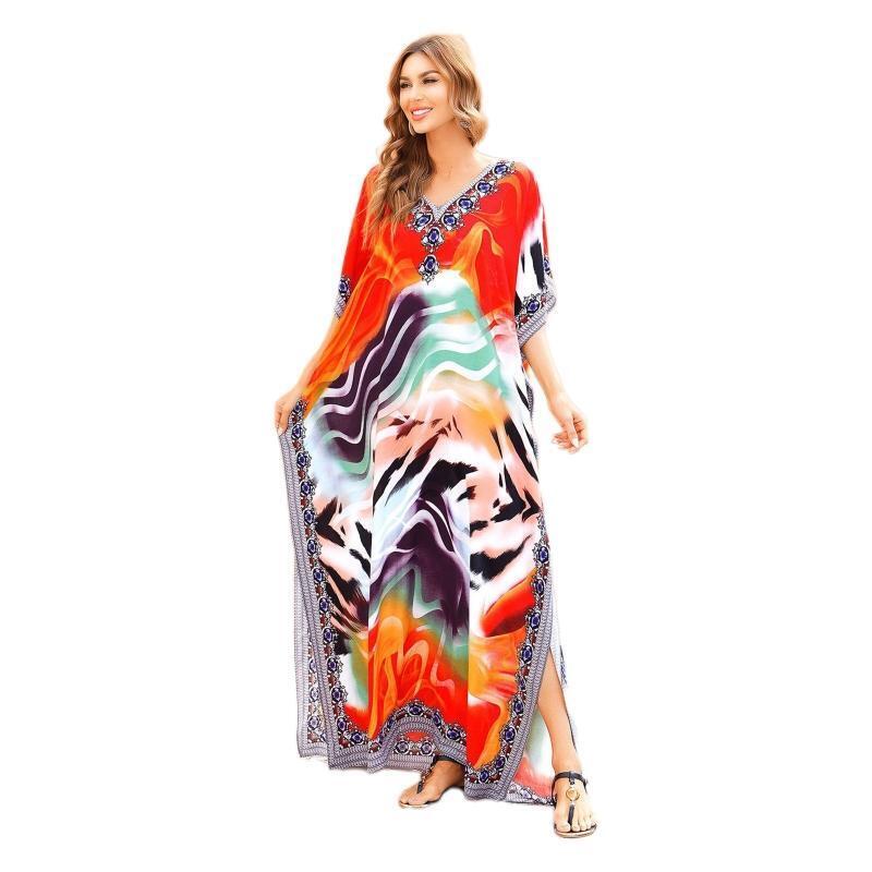 Women Beach Maxi Dress V-Neck Kaftan Robe Abstract Striped Print Bikini Cover Up