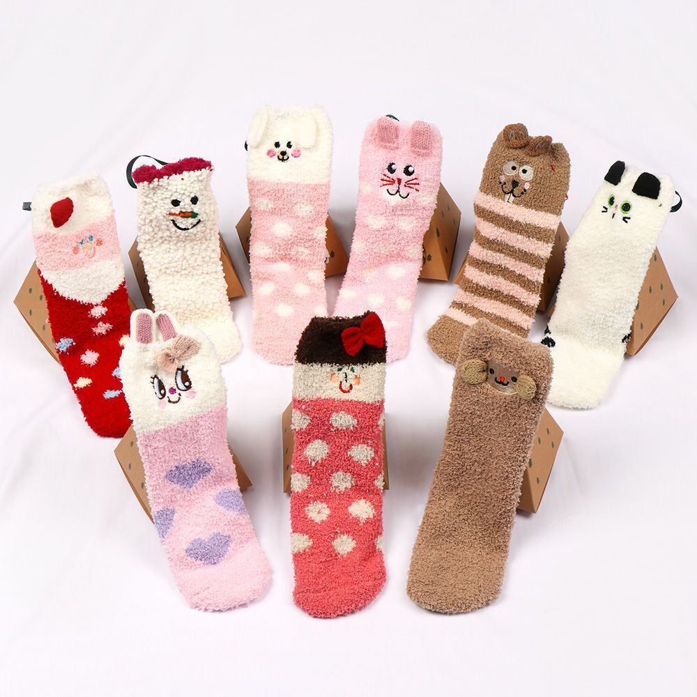 Animal Design Coral Feece Sock Christmas Socks Floor Stocking Gift Sox with Box