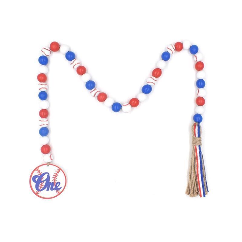 Wood Bead Garland with Tassels Baseball Tag Blue Red and White Sports Theme