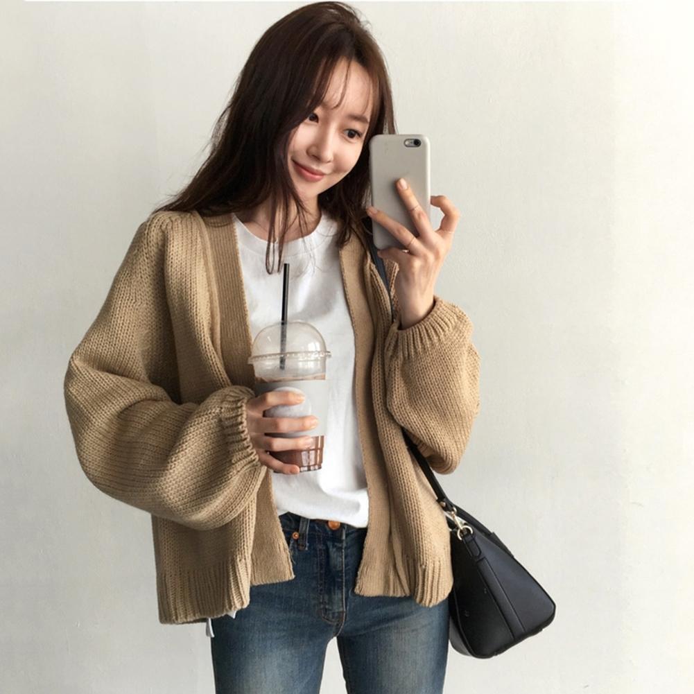 Women Short Style Long-Sleeves Coat Knitted Solid Color Cardigan (Khaki)